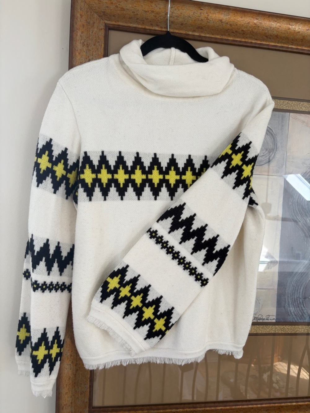 THML Cream Turtleneck Sweater with Black & Yellow Geometric Trim
